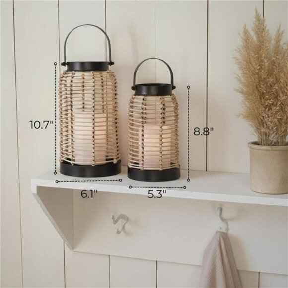 Natural rattan lantern set of 2 boho farmhouse table decor indoor outdoor - Picture 3 of 8
